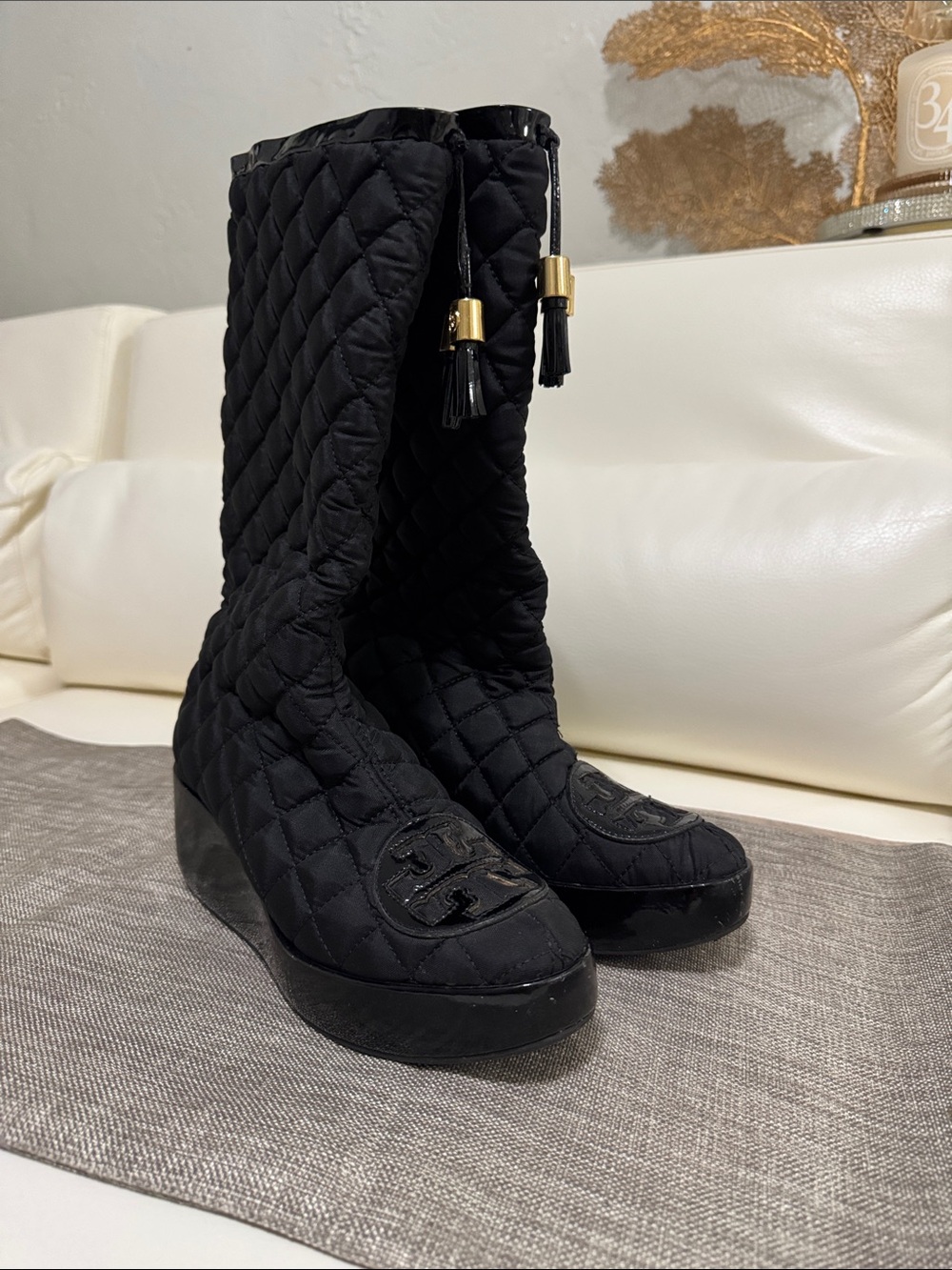 Tory Burch Women’s Quilted Black Calf Platform Boots